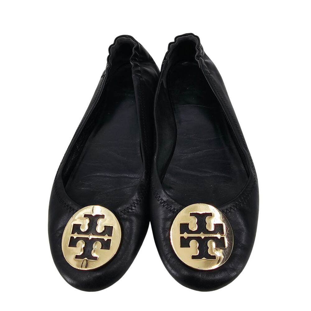 Tory Burch Minnie Black Leather ballet flat Shoes gold logo medallion Women's 9